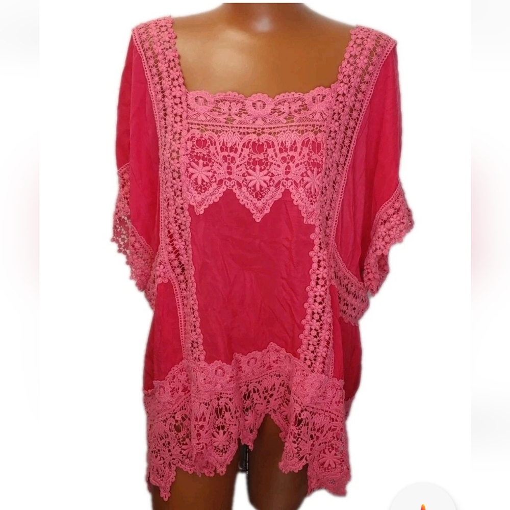 Johnny Was Boho Crochet Lace Georgette Top Woman XXL Crinkle Barbie Pink Coastal - Picture 3 of 15